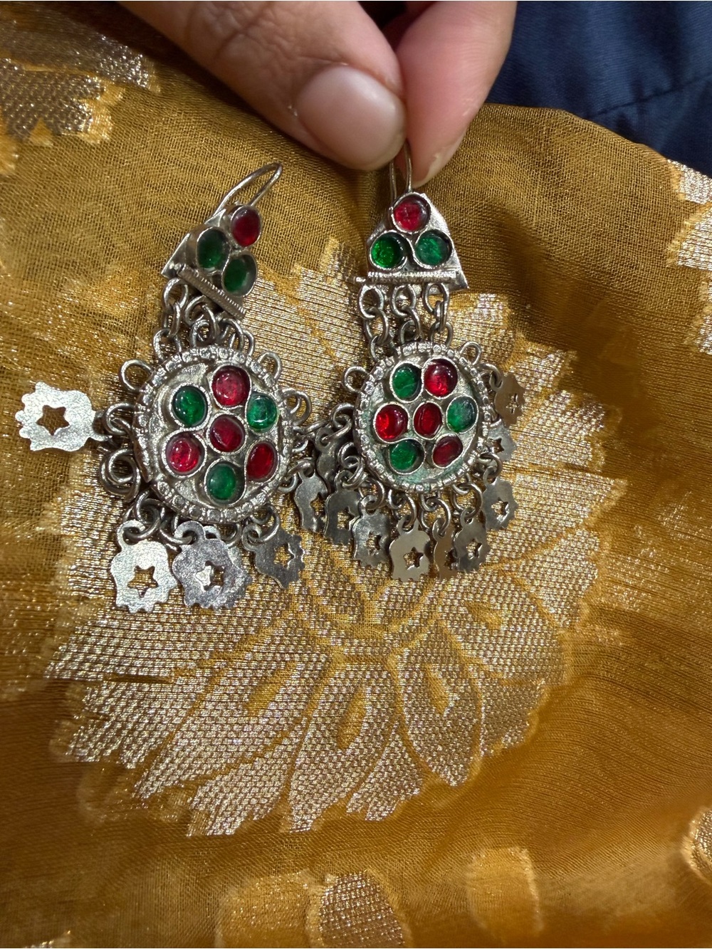 Silver-Tone Dangle Earrings with Red and Green Accents